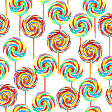 Colorful lollypop seamless pattern, sweet candy illustration watercolor