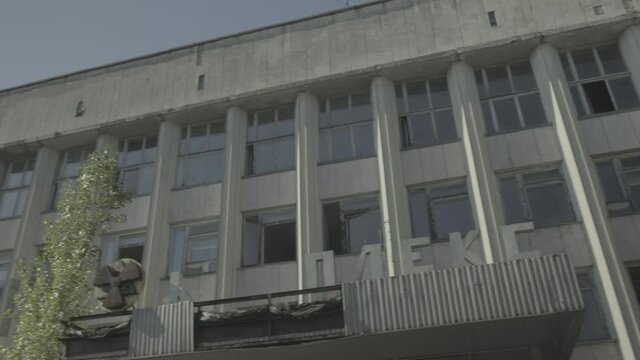 Derelict office block and Hotel Polissya, in Pripyat 