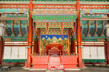 Interiors of King's office and king's chair in Gyeongbokgung,  also known as Gyeongbokgung Palace or Gyeongbok Palace, the main royal palace of Joseon dynasty.