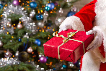 Obraz premium Santa Claus hands holds red gift box opposite christmas tree.