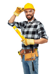 profession, construction and building - happy smiling male worker or builder in helmet with level...
