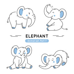 Set of doodle elephants in various poses. Collection of cute characters isolated.
