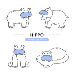 Set of doodle hippos in various poses. Collection of cute characters isolated.