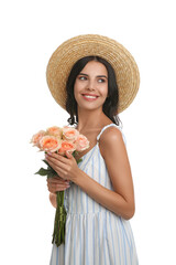 Portrait of smiling woman with beautiful bouquet on white background