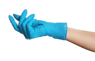 Woman in blue latex gloves holding something on white background, closeup of hand