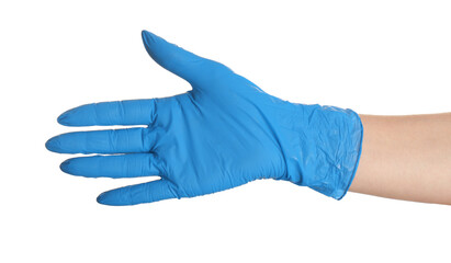 Woman in blue latex gloves on white background, closeup of hand