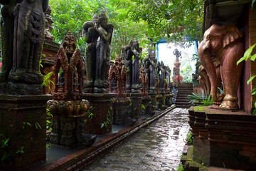 traditional temple architecture on koh samui in thailand, southeast asian culture, display of Thai and Balinese culture in ancient statues