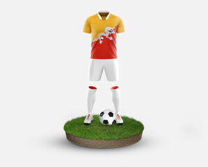 Bhutan soccer player standing on football grass, wearing a national flag uniform. Football concept....