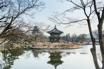 Naklejka premium Traditional pavilion in the island of the lake in Gyeongbokgung, also known as Gyeongbokgung Palace or Gyeongbok Palace, the main royal palace of Joseon dynasty.