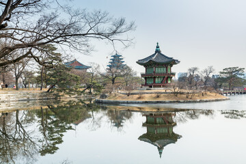 Traditional pavilion in the island of the lake in Gyeongbokgung,  also known as Gyeongbokgung Palace or Gyeongbok Palace, the main royal palace of Joseon dynasty.