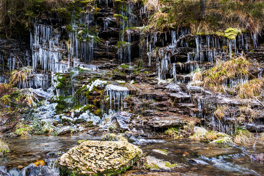 White Opava waterfalls with icicles, winter, Jeseniky, Hruby Jesenik, Czech Republic