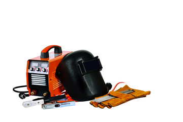 Inverter welding machine, welding equipment, isolated on a white background, welding mask, leather gloves, welding electrodes, high-voltage wires with clips, set of accessories