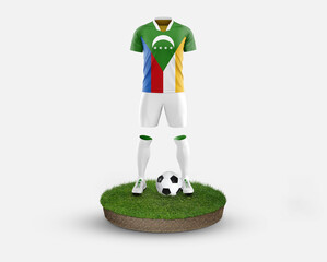 Comoros soccer player standing on football grass, wearing a national flag uniform. Football concept. championship and world cup theme.