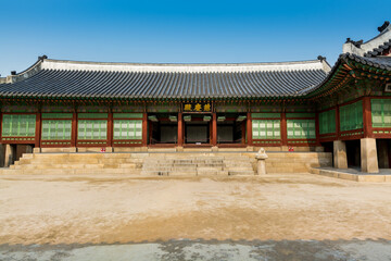 Fototapeta na wymiar Korean wooden traditional house with black tiles in Gyeongbokgung, also known as Gyeongbokgung Palace or Gyeongbok Palace, the main royal palace of Joseon dynasty.
