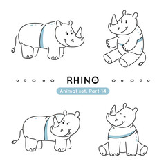 Set of doodle rhinos in various poses. Collection of cute characters isolated.