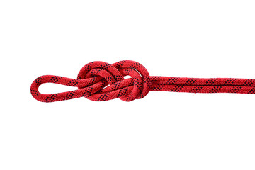 Sea knot figure of eight, red rope abseil isolated on white background.