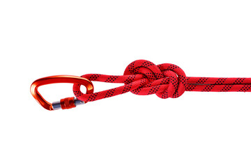 Red Rope for abseil isolated on white background. Hiking and mountaineering equipment concept