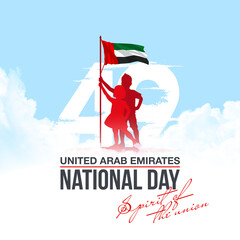 banner 49 UAE national day with flag. illustration of a Crescent moon with a star, and silhouette of a boy and girl children. Tr: Spirit of the union, United Arab Emirates, 49 National day. 2 December