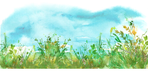 Obraz premium Watercolor background, greeting card, abstract drawing - blue sky and wild grass. place for your design and text. Art illustration, banner. Countryside landscape. Grass in the wind.Suburban landscape