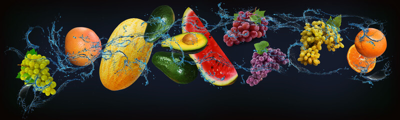 Panorama with fruits in water - juicy grapes, grapefruit, melon, avocado, watermelon, orange are...