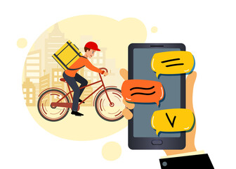 Making an online order for delivery of goods or food. Courier goes around city delivering the order to buyer. Vector illustration. delivery guy. Delivery online order.