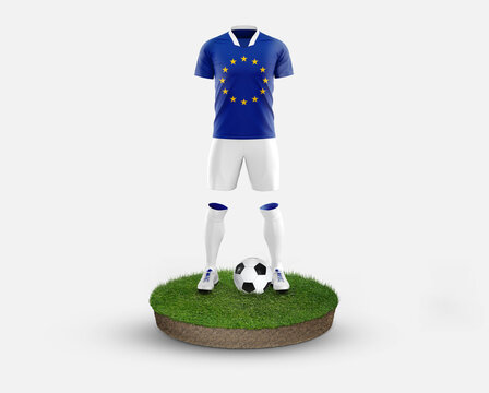 European Union soccer player standing on football grass, wearing a national flag uniform. Football concept. championship and world cup theme.