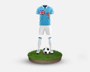 Fiji soccer player standing on football grass, wearing a national flag uniform. Football concept. championship and world cup theme.