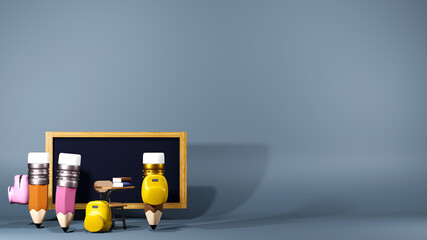 3D Rendering of blackboard and pencils come to school, represents academic success on gay background. Realistic 3d shapes. Education concept.
