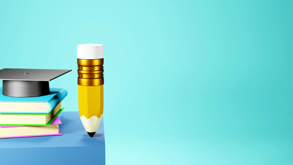 3D Rendering of a pencil, books and graduation cap represents academic success on blue background. Realistic 3d shapes. Education concept. Come back to school.