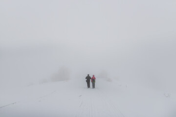 Fototapeta na wymiar Two tourists walking in a snowstorm among snow and fog. Very soft selective focus.
