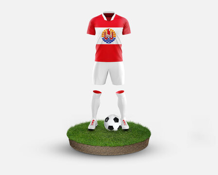 French Polynesia soccer player standing on football grass, wearing a national flag uniform. Football concept. championship and world cup theme.