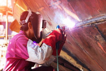 Welding ship repair in shipyard