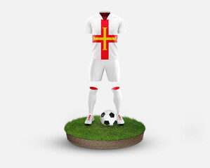 Guernsey soccer player standing on football grass, wearing a national flag uniform. Football...
