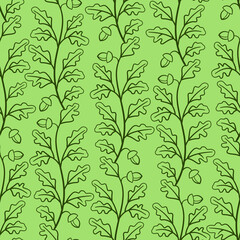 Vector seamless pattern with dark green vertical oak twigs on green background; for wrapping paper, greeting cards, posters, banners, packaging.