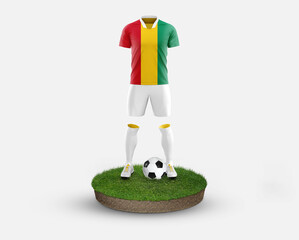 Guinea soccer player standing on football grass, wearing a national flag uniform. Football concept....