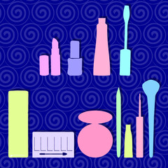 Vector cosmetics silhouette with swirl background. Vector makeup set.