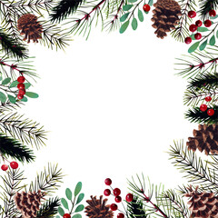 Fototapeta na wymiar Watercolor christmas frame with cones, pine branches, leaves and berries. Hand drawn illustration