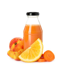 Bottle of delicious juice and fresh ingredients on white background