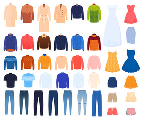Set of clothes. Men's and women's outerwear. Jackets, raincoats, sweaters, shirts, T-shirts, jeans, pants, shorts, dresses. Isolated vector illustration
