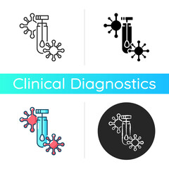 PCR test icon. Polymerase chain reaction analysis. Medical examination for disease. Corona virus infection diagnostic. Linear black and RGB color styles. Isolated vector illustrations