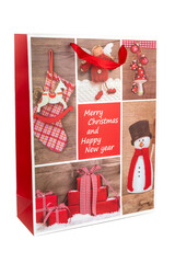 Red Christmas shopping bag made of paper decorated with snowman and presents on a white background. New year and gifts concept.