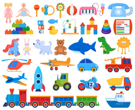 Set of toys. Children's games. Soft toys, cars, dolls. isolated vector illustration