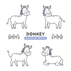 Set of doodle donkeys in various poses. Collection of cute characters isolated.