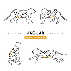 Set of doodle jaguars in various poses. Collection of cute characters isolated.