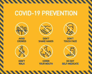 prohibited actions Coronavirus line icons set poster isolated on yellow Perfect outline symbols prevention Covid 19 pandemic banner. Quality design elements handshake, crowd, walk