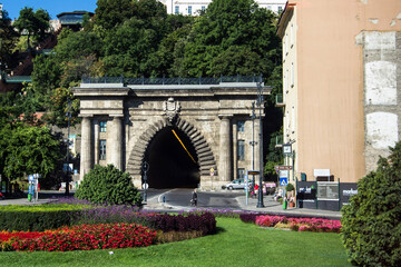 Buda Tunnel (also known as Adam Clark Tunnel) under Castle Hill, city landmark from 19th century, Budapest, Hungary. Soft selective focus