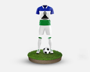 Lesotho soccer player standing on football grass, wearing a national flag uniform. Football concept. championship and world cup theme.