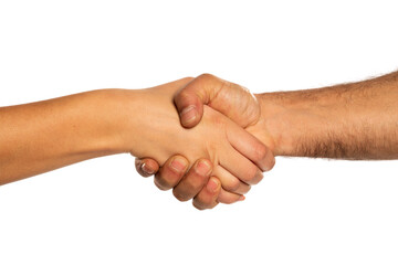 handshake man and woman hands isolated on white