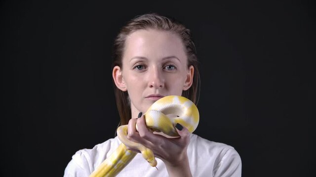 Slow motion of woman putting up albino python