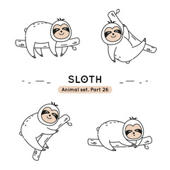Set of doodle sloths in various poses. Collection of cute characters isolated.